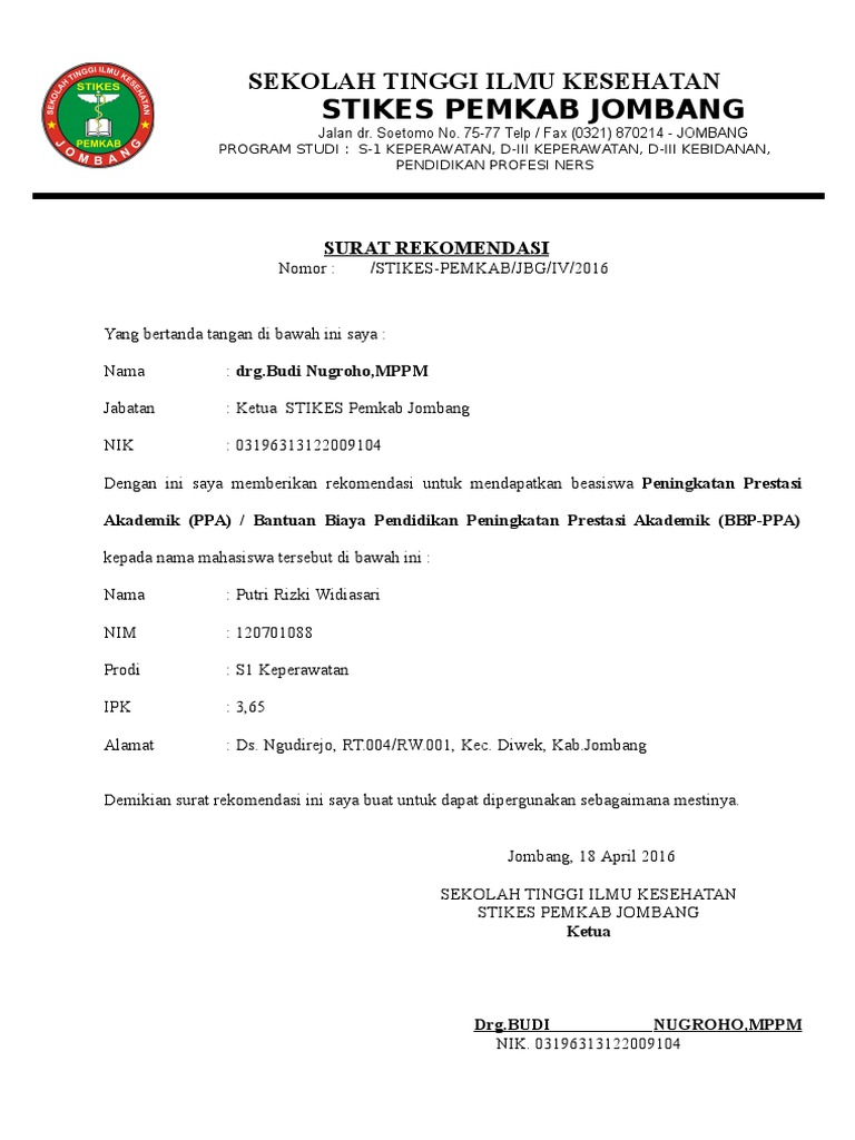 Contoh Surat Rekomendasi Beasiswadoc