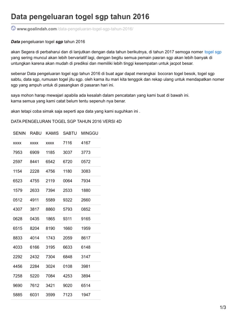 Data Pengeluaran Togel Sgp Tahun 2016 Pdf