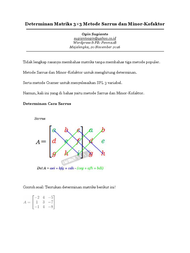 Determinan Matriks 3x3 Metode Sarrus dan MinorKofaktor