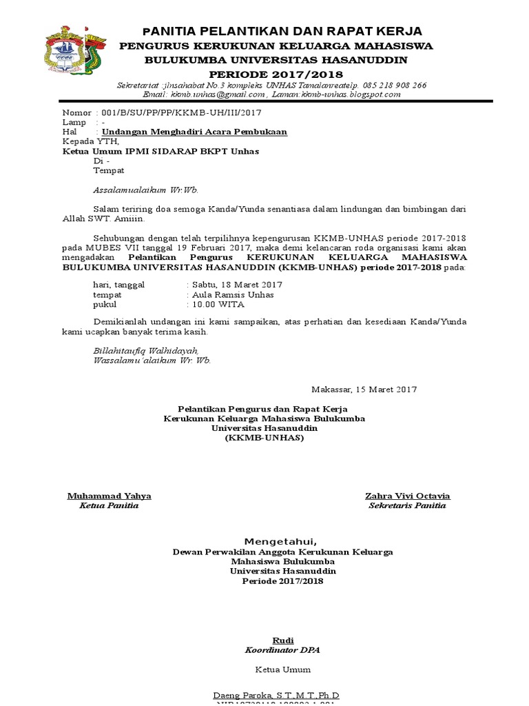 Surat Undangan Pelantikan Pengurus Kkmbunhas Periode 2017