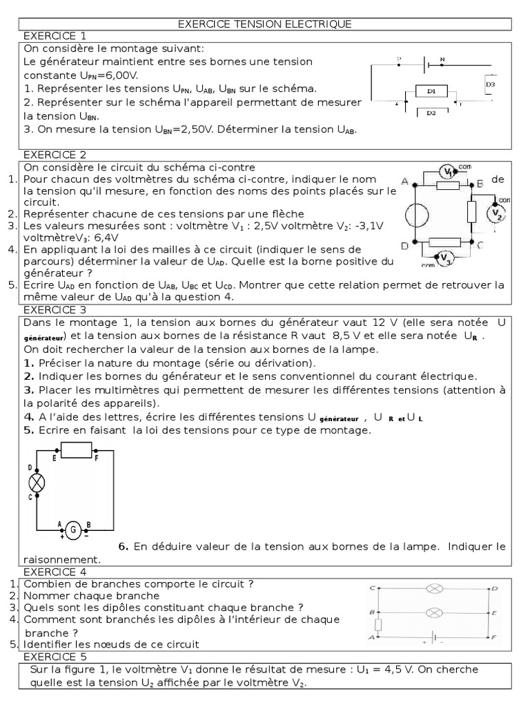 La tension électrique 4ème exercices corrigés - Dyrassa