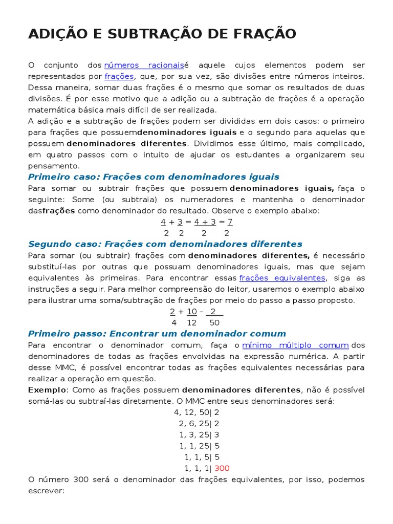 Passo a passo para adição e subtração de frações com denominadores ...