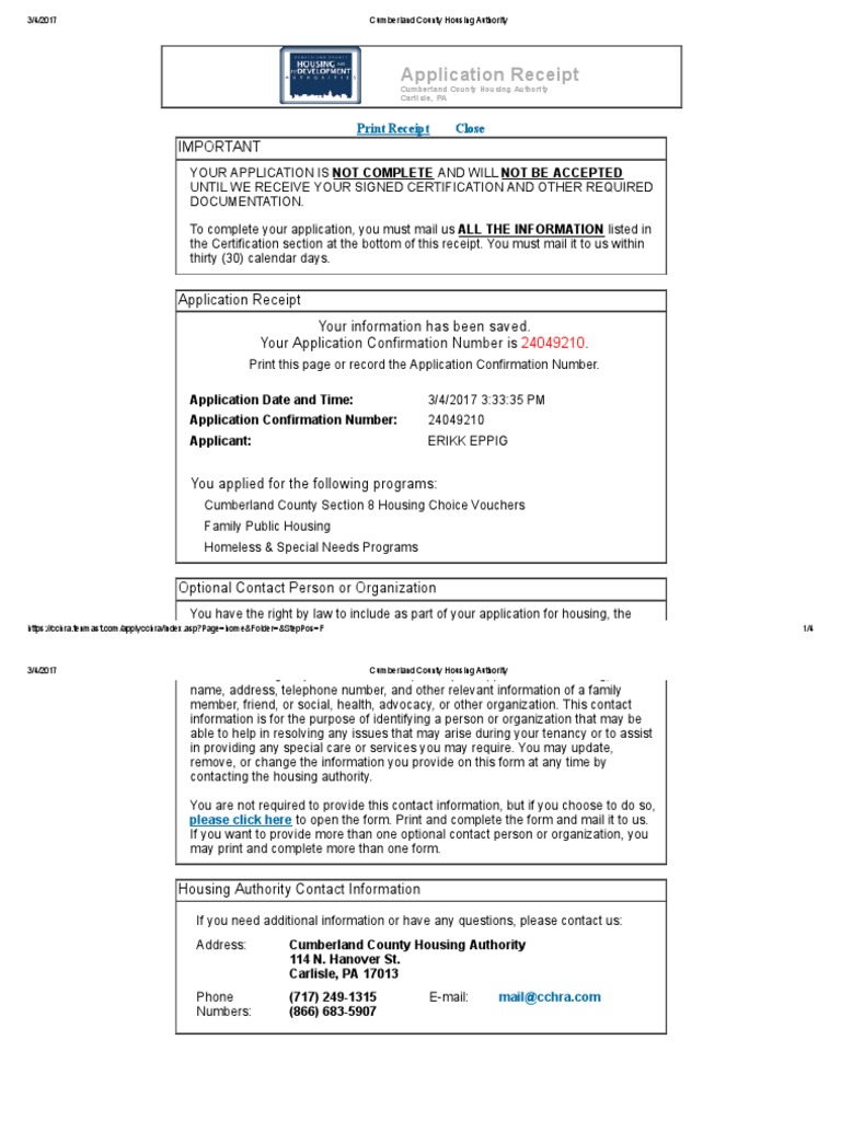 Application for Housing Assistance Receipt and Instructions for