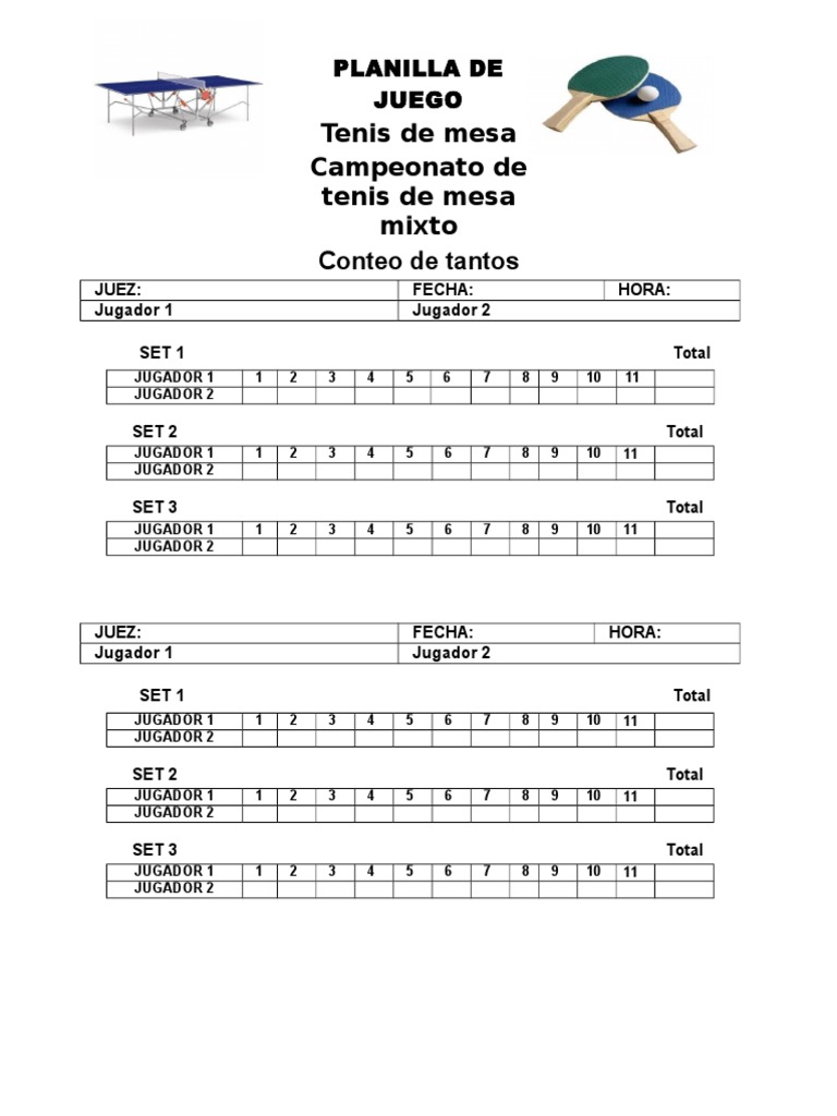 Planilla de Juego Tenis de Mesa
