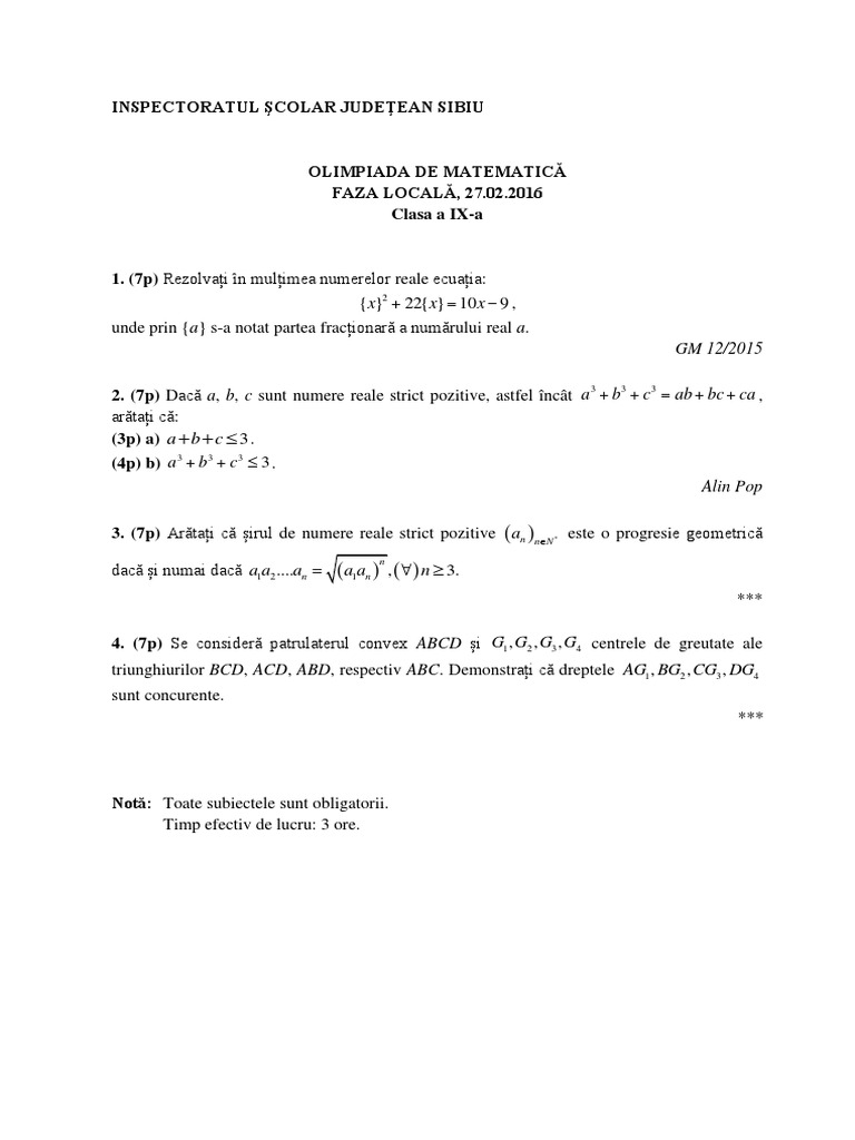 2016 Matematica Locala Sibiu Clasa A Ixa Subiectebarem | PDF