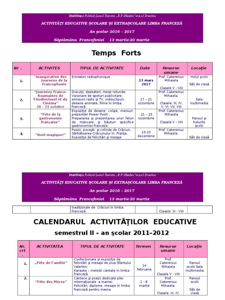 Calendar Activitati Educative Lb. Franceza