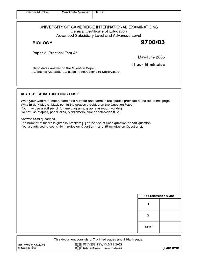 Cambridge Biology Past Paper Test (Assessment) Earth & Life Sciences