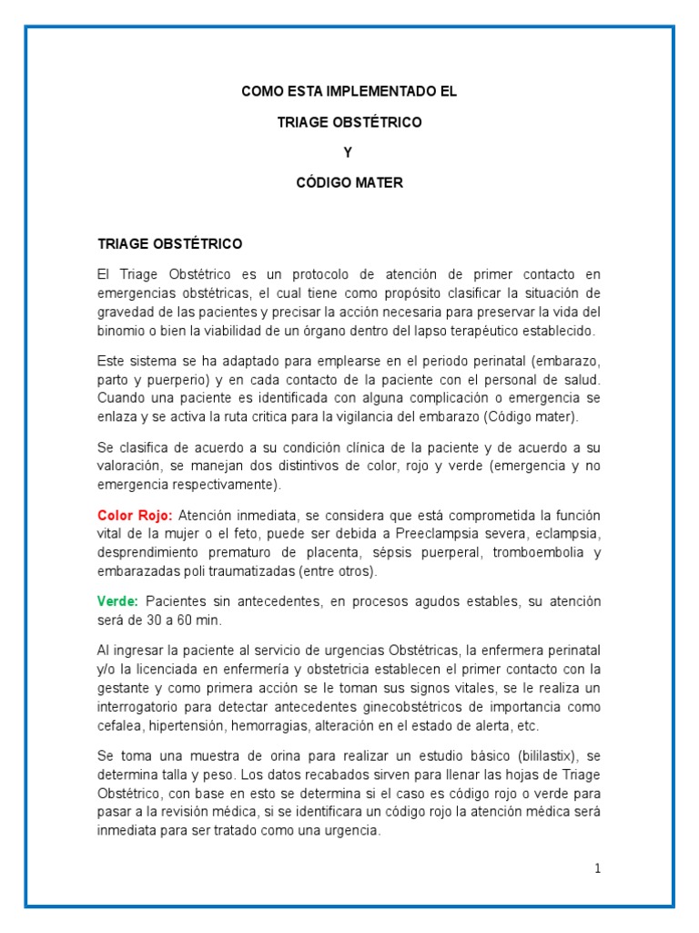 Como Esta Implementado El Triage Obsttrico y Cdigo Mater | PDF ...