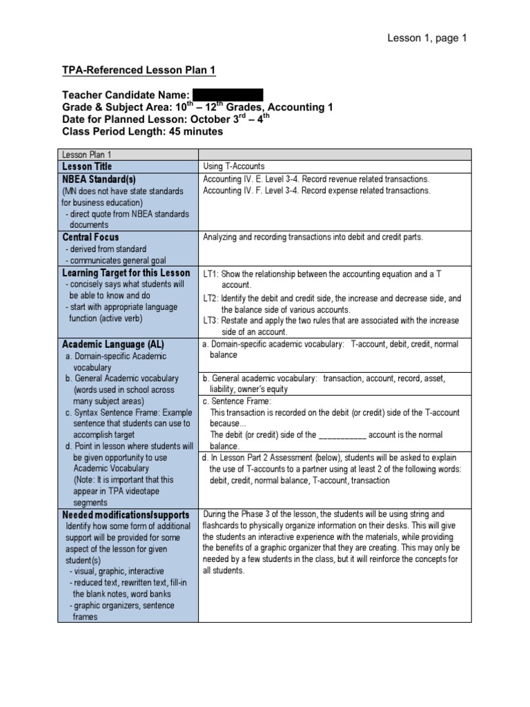 Lesson Plans For Learning Segment | PDF | Debits And Credits | Lesson Plan