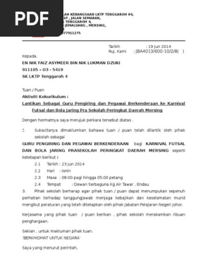 Contoh Surat Lantikan Guru Pengiring