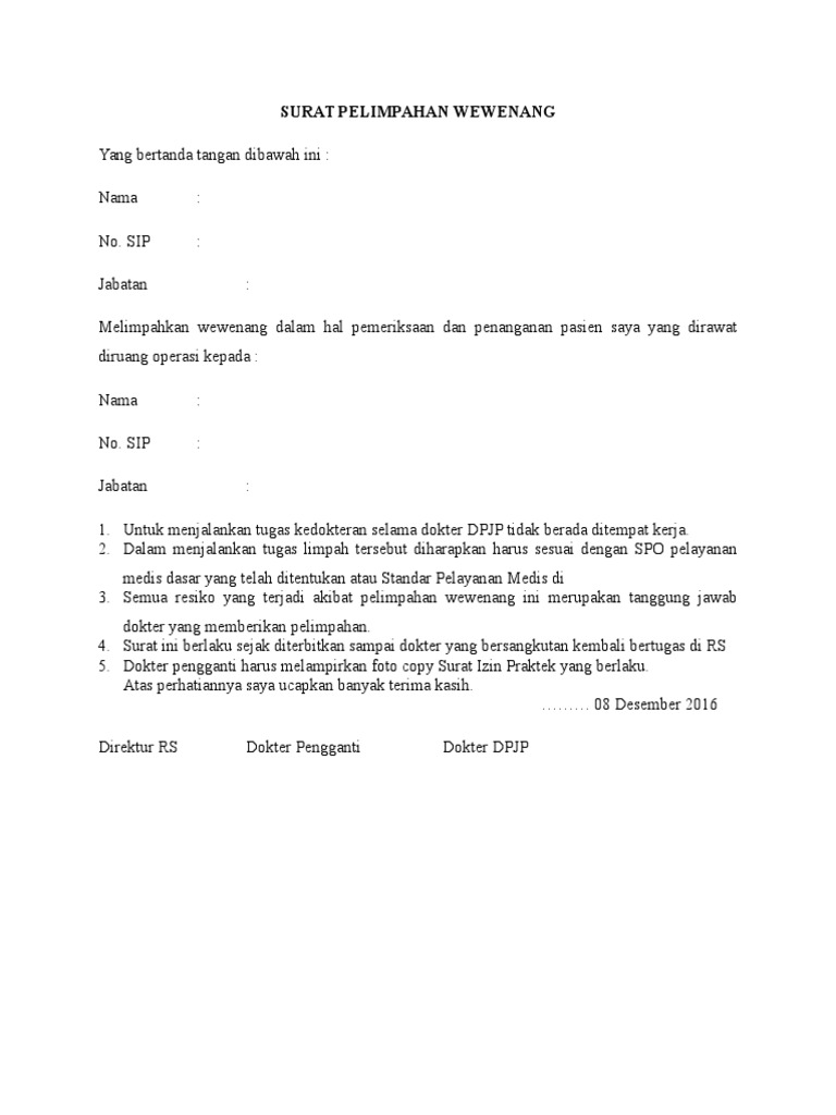 Contoh Surat Pelimpahan Wewenang Dokter