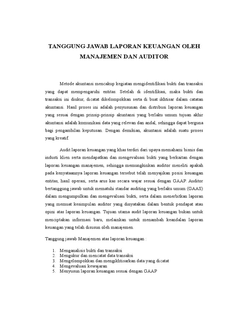Tanggung Jawab Laporan Keuangan Oleh Manajemen Dan Auditor