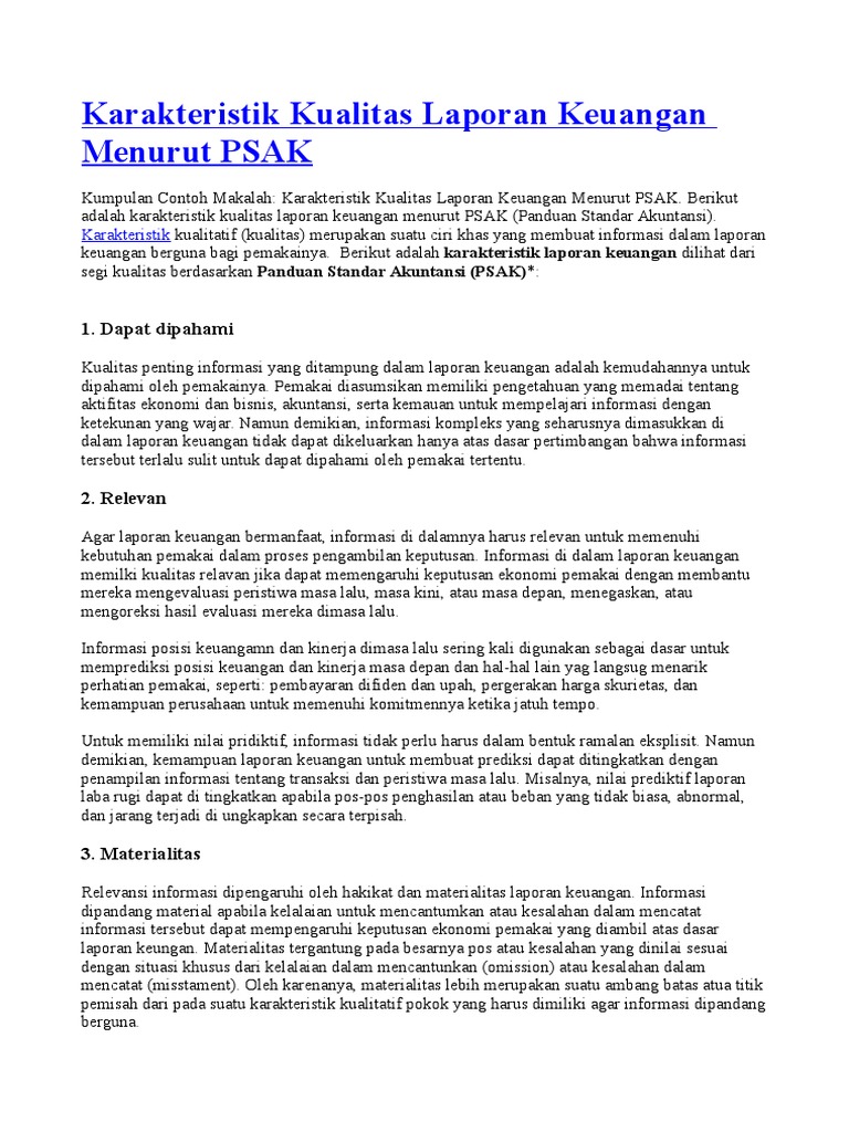 Karakteristik Kualitas Laporan Keuangan Menurut Psak