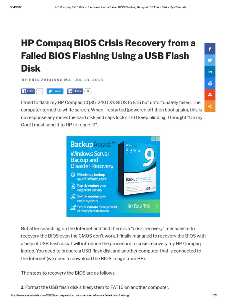 HP Compaq BIOS Crisis Recovery From A Failed BIOS Flashing Using A USB