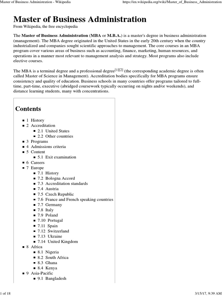 Master of Business Administration Wikipedia Master Of