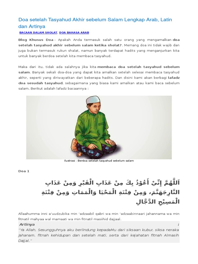 Doa Setelah Tasyahud Akhir Sebelum Salam Lengkap Arab