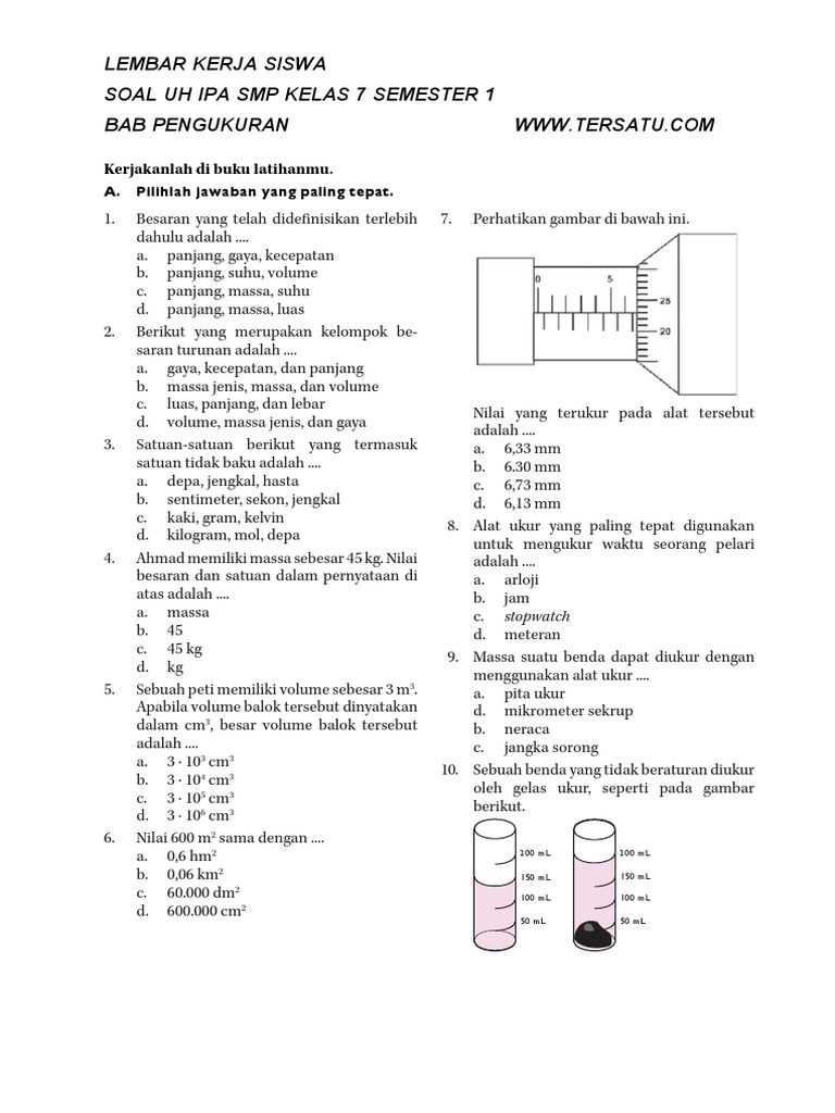 Soal Uh Ipa Kelas 7 Semester 1 Bab Pengukuran Pdf