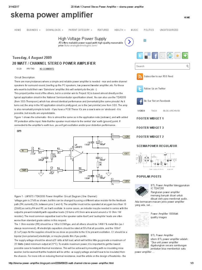 20 Watt Channel Stereo Power  Amplifier  Skema  Power  