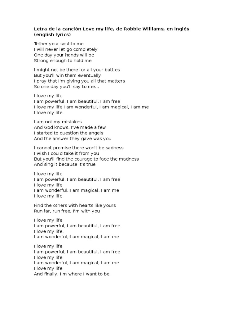 Lyrics Love My Life By Robby Williams