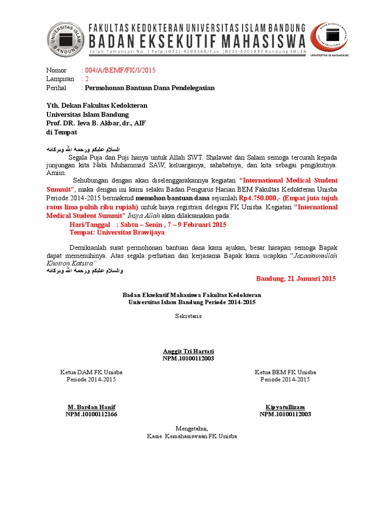 Surat Permohonan Dana Untuk Delegasi