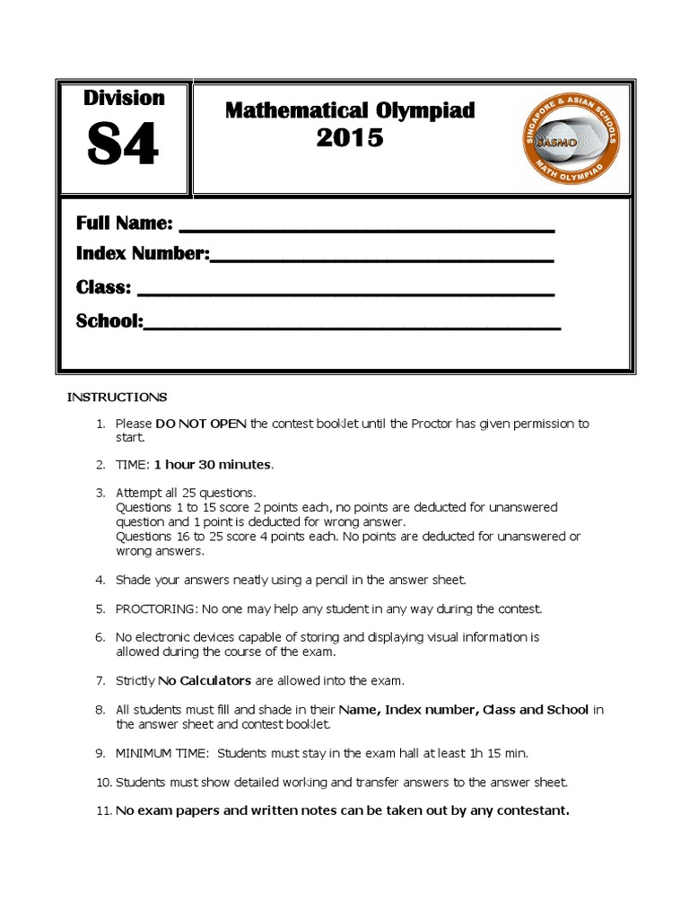 Secondary 4 Sasmo 2015 Booklet N Cover Test Assessment Geometry