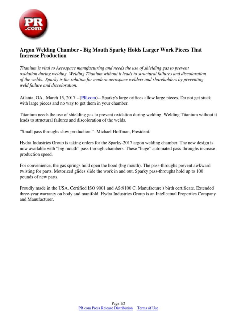 Argon Welding Chamber Big Mouth Sparky Holds Larger Work Pieces That Increase Production PDF