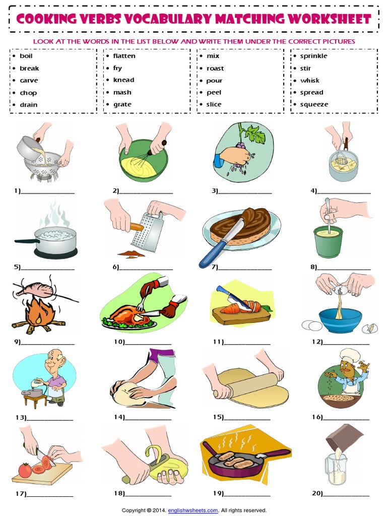 cooking verbs esl vocabulary matching exercise worksheet pdf food and drink preparation cooking