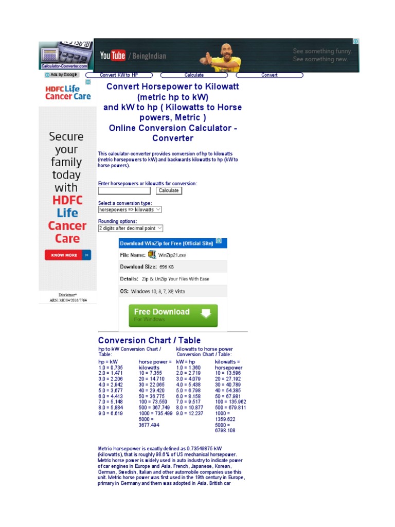 Horsepower To Kilowatt (HP To KW) and KW To HP (Kilowatts To Me PDF