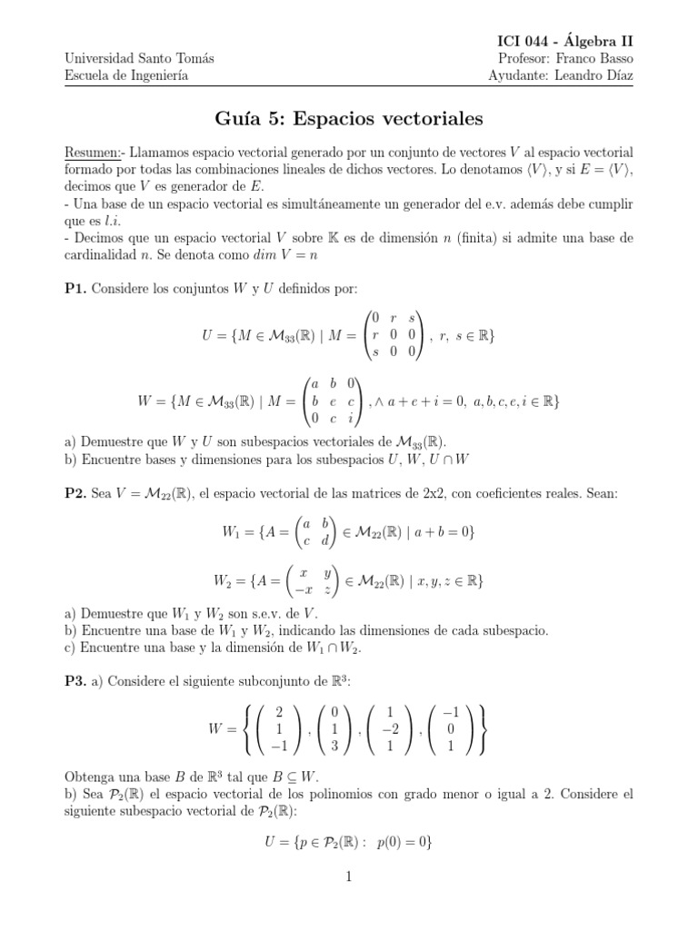 Guia 5 Espacios Vectoriales 2 | PDF | Espacio vectorial | Base (álgebra ...