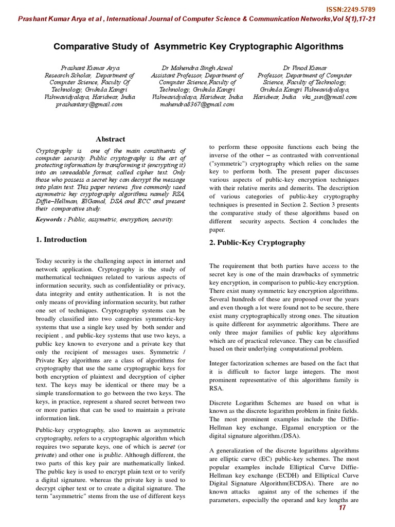 Comparative Study of Asymmetric Key Cryptographic Algorithms | PDF ...