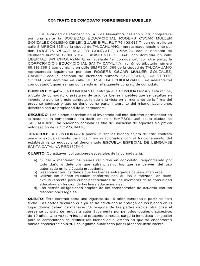 Contrato de Comodato Sobre Bienes Muebles