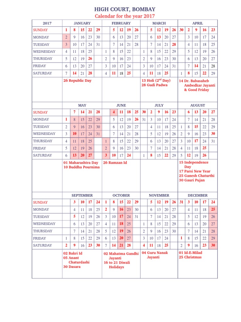 Bombay High Court Calendar, 2017 PDF Holidays Traditions