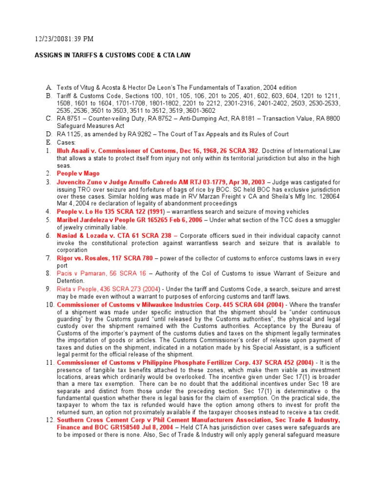 Tariffs & Customs Code C.T.a. Search And Seizure Customs