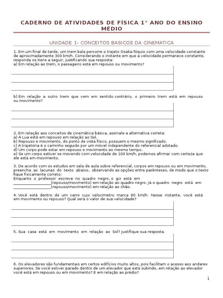 Atividades de Física: 1º Ano Ensino Médio | PDF | Deslocamento (vetor ...