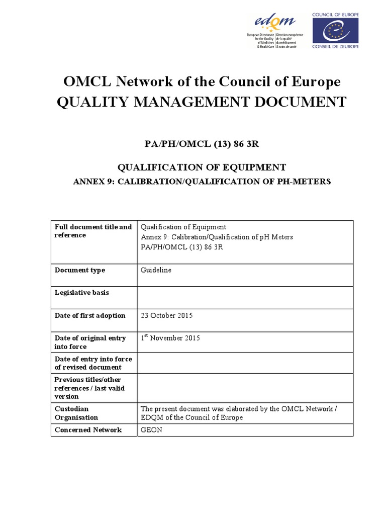 Guideline Qualification of Equipment Annex 9 PHmeter October 2015 PDF Ph Calibration
