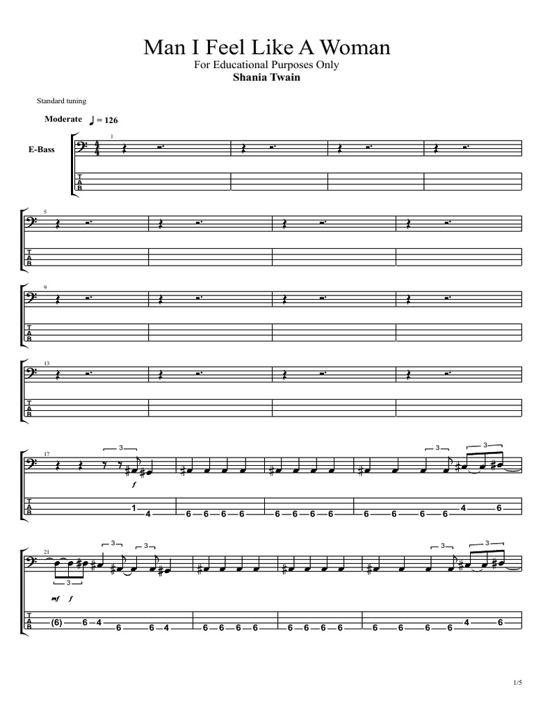Shania Twain Man I Feel Like a Woman Bass Score Country Music Songs Written