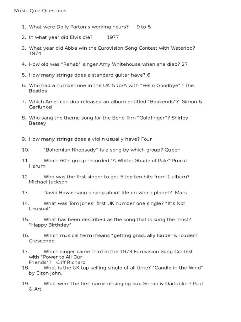 Easy Music Quiz Questions Answers Pdf Music Industry Performing Arts