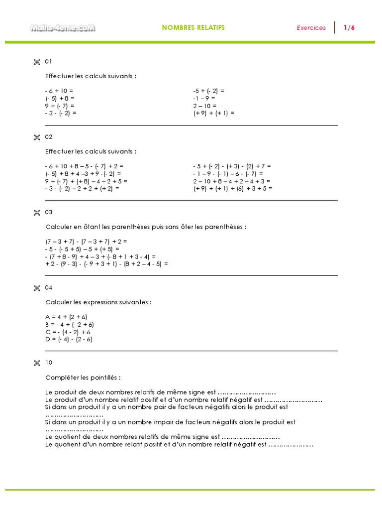 Exercices Nombres Relatifs 4ème Pdf Avec Corrigé Nombres Relatifs - Exercices | PDF | Division | Arithmétique
