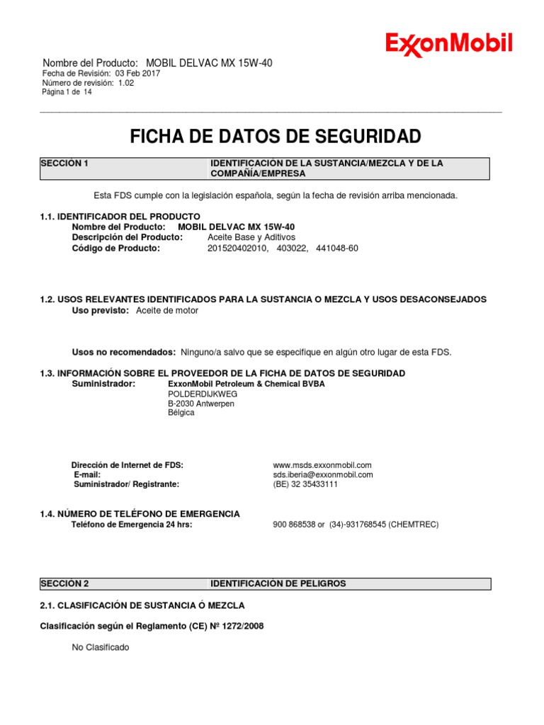 MSDS Mobil Delvac MX 15W-40 | PDF | Residuos | Guante