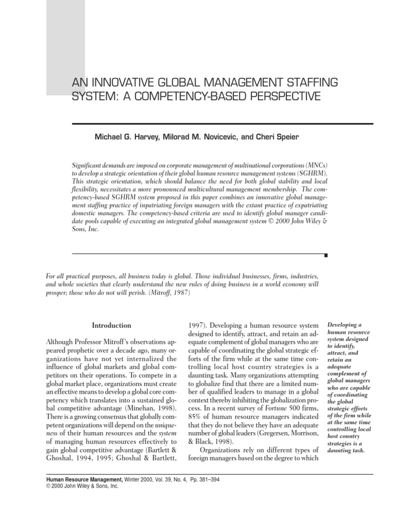 An Innovative Global Management Staffing System