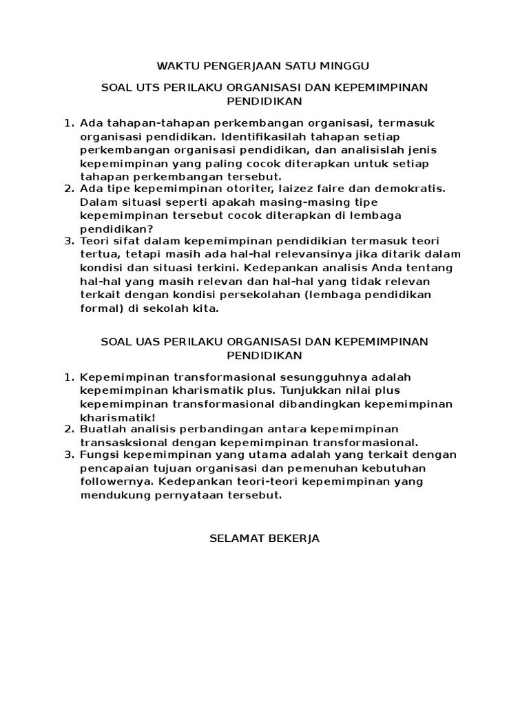 Soal Uts Dan Uas Perilaku Organisasi Kepemimpinan Pendidikan