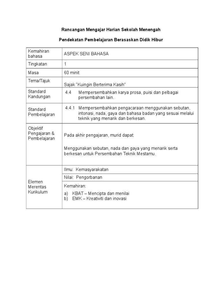 RPH Seni Bahasa Tingkatan 1: Sajak dan Persembahan | PDF | Seni ...