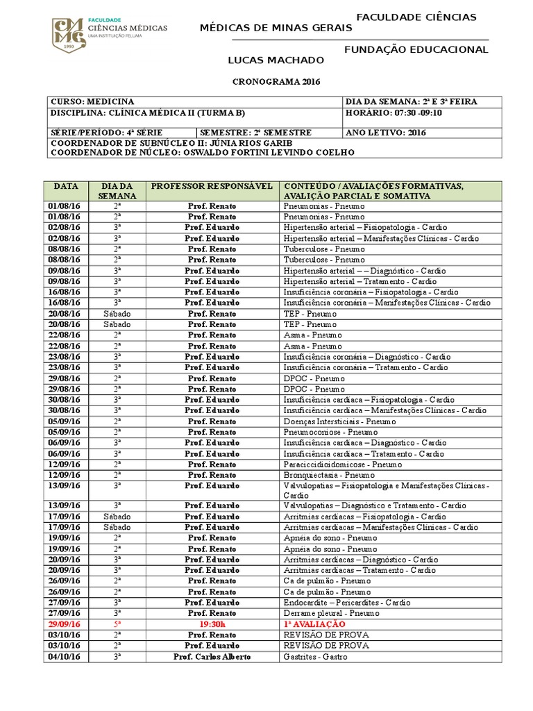 Cronograma Clínica Médica II (1) | Pneumologia | Infecção | Free 30-day ...