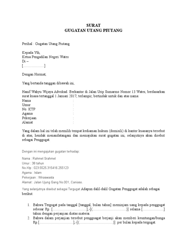 Contoh Surat Gugatan Utang Piutang Yang Resmi Baik Benar Format Word Pdf