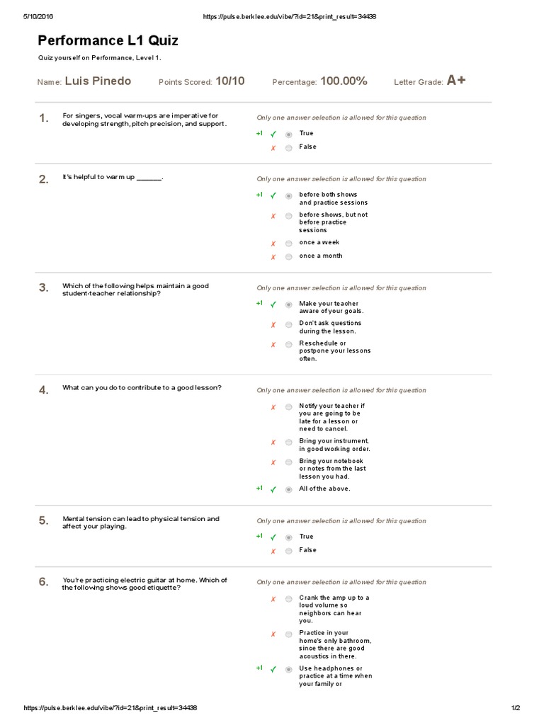 Performance L1 Quiz: Luis Pinedo 10/10 100.00% 1 | PDF | Sound | Leisure