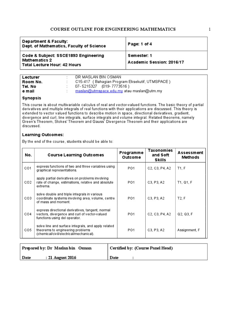 Course Outline For Engineering Mathematics: Maslan@utmspace - Edu.my ...
