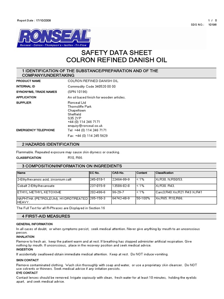 Safety Data Sheet for Colron Refined Danish Oil PDF Personal