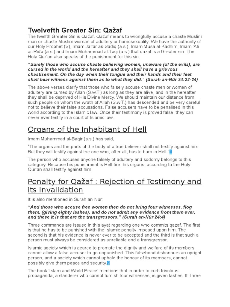 Twelvefth Greater Sin (Qazaf) False Accusation | PDF | Adultery | Chastity