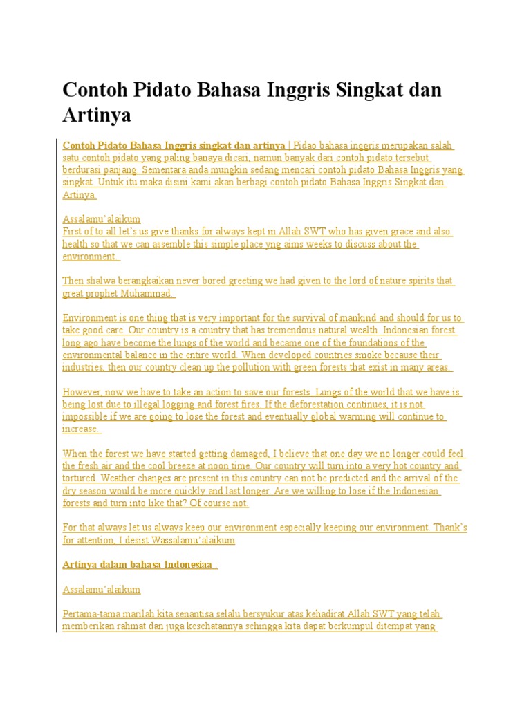 Contoh Pidato Bahasa Inggris Singkat Dan Artinya