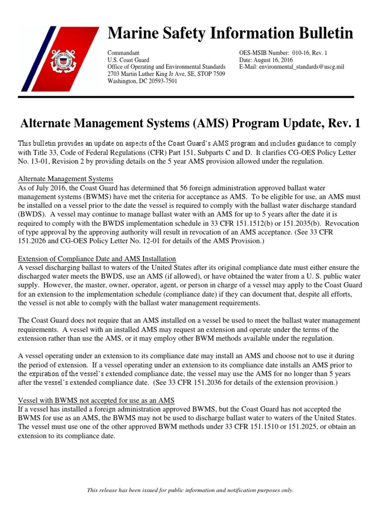 Marine Safety Information Bulletin Alternate Management Systems (AMS